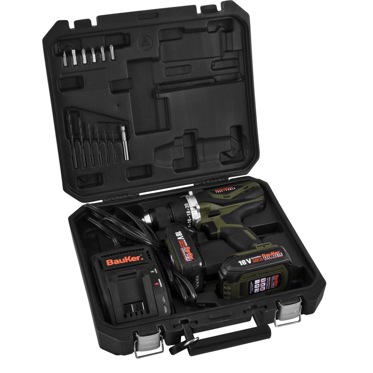 BAUKER - Taladro Percutor Inalámbrico Bauker 1/2" 18V Free Power + Bateria + Cargador + Accesorios Bauker