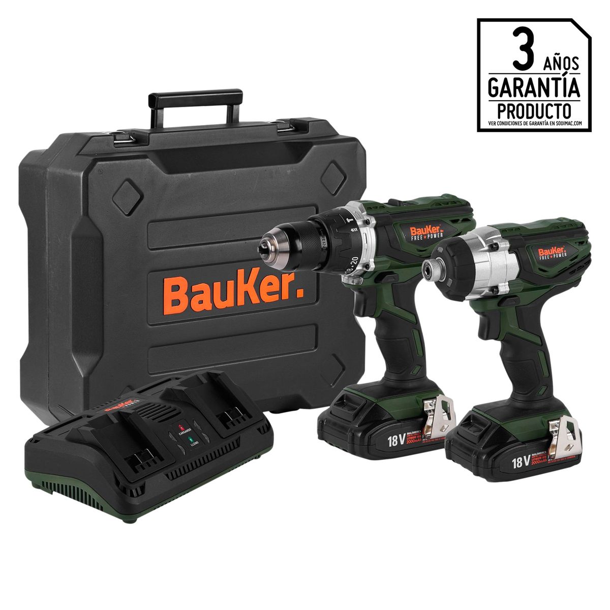 BAUKER - Taladro Percutor Bauker 1/2"+ Atornillador de Impacto 1/4" Inal18V + 2 baterías + Cargador + Maletín