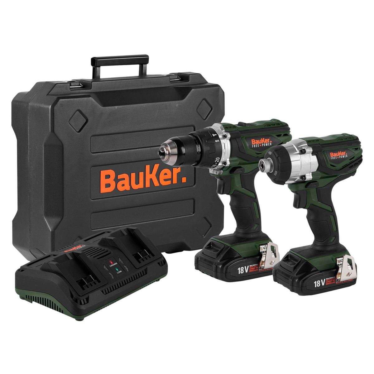 BAUKER - Taladro Percutor Bauker 1/2"+ Atornillador de Impacto 1/4" Inal18V + 2 baterías + Cargador + Maletín