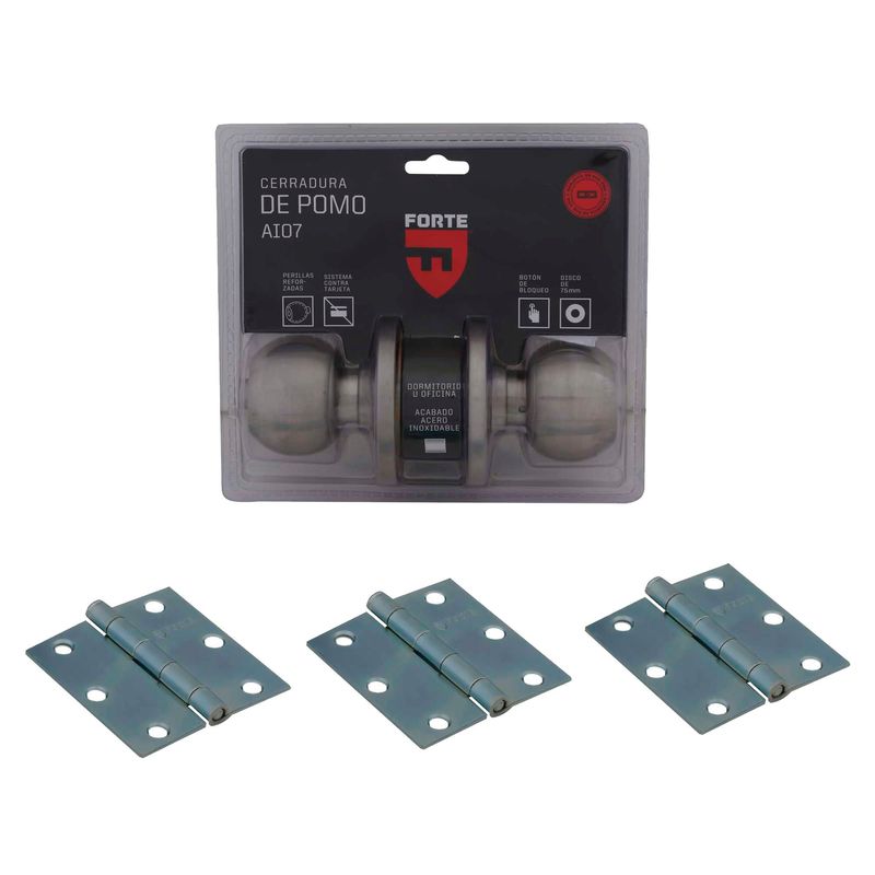 FORTE - Cerradura de Pomo Dormitorio y 3 Bisagras Forte