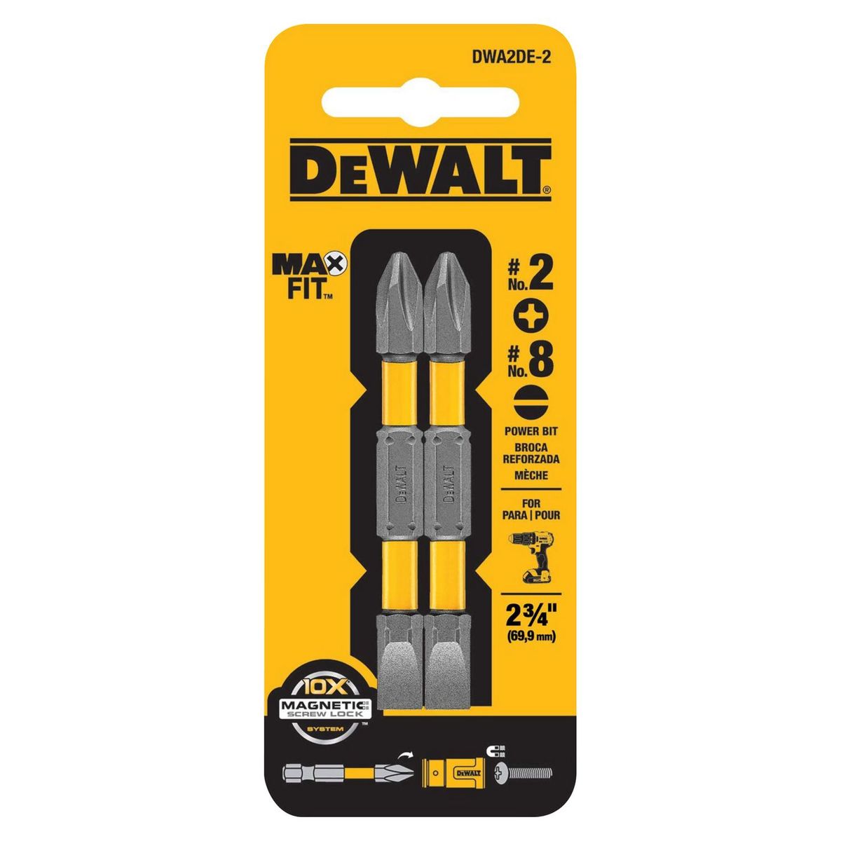 DEWALT - Punta Acero MaxFit Slotted #8 y Phillips/Cruz #2 de 2'' DWA2DE-2