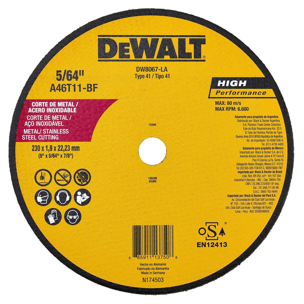 Disco Corte para acero Metal HP 9'' DW8067 Dewalt, marca DEWALT - Foto Principal