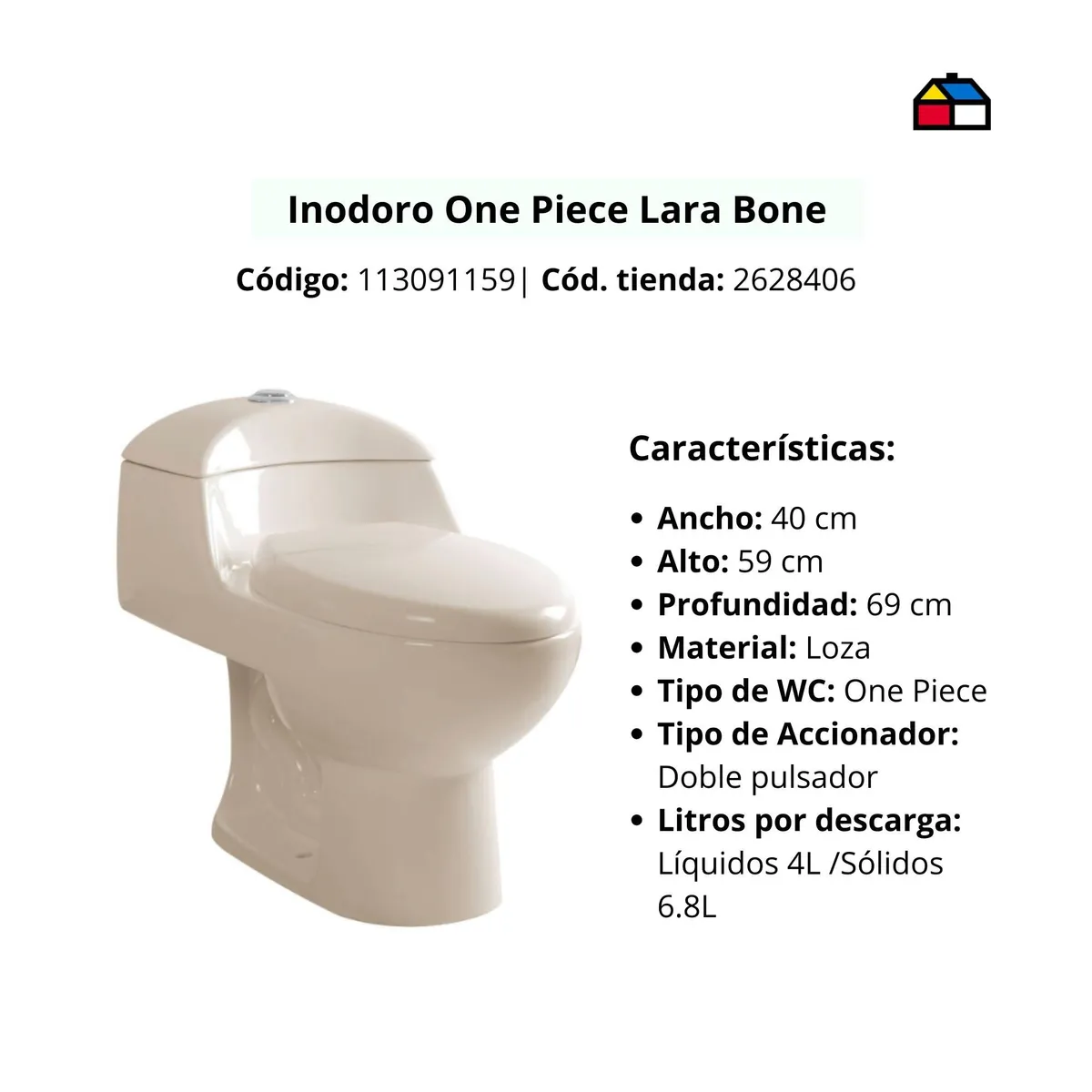  - Inodoro One Piece Lara Bone + Lavatorio Lara Bone + Pedestal Lara Bone