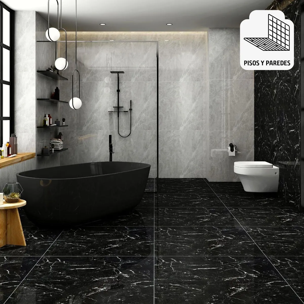 HOLZTEK - Porcelanato Negro Marmolizado 60X60cm 1.44m2 Nero