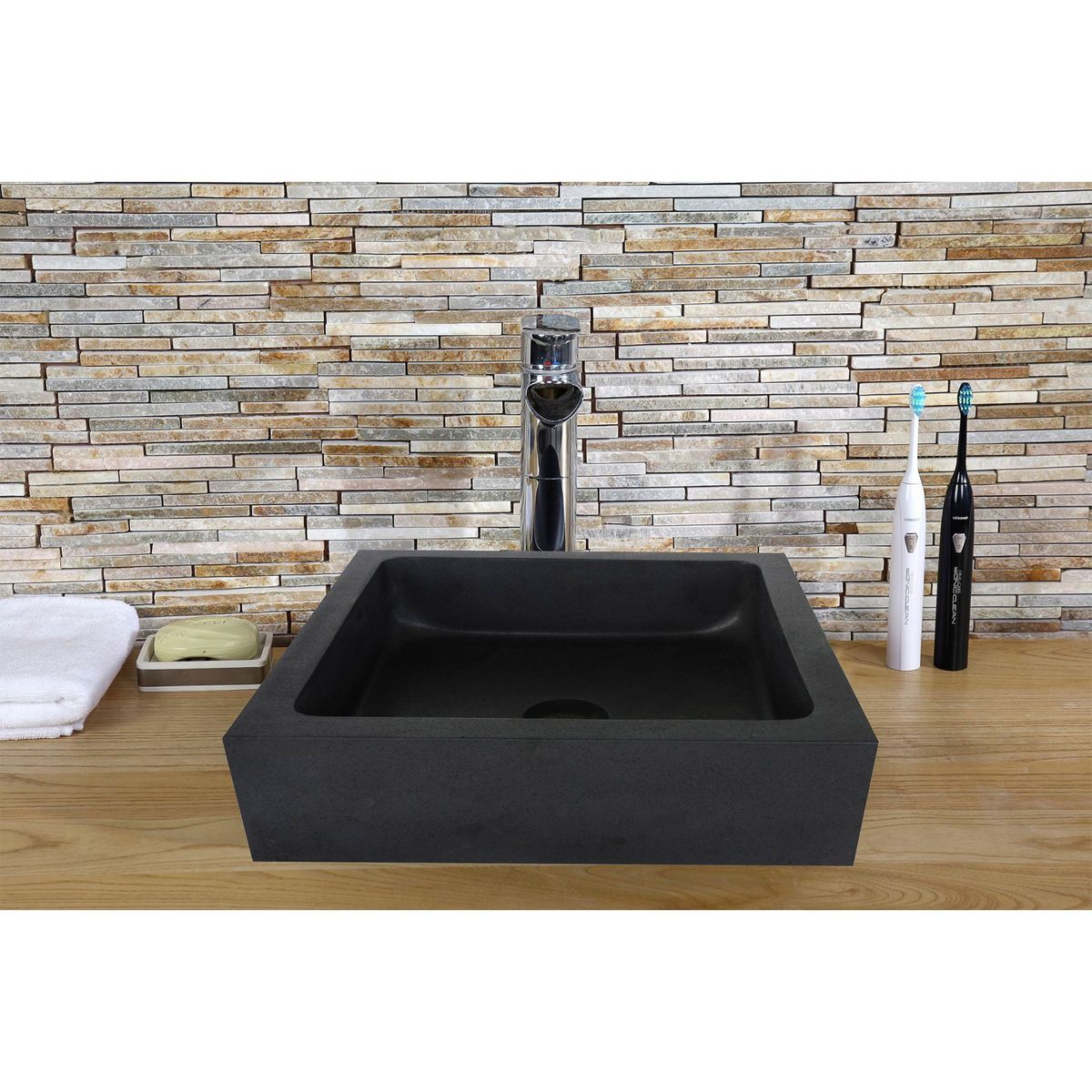 SENSI DACQUA - Lavamanos Cuadrado de Piedra Natural Negro 40 x 40 cm