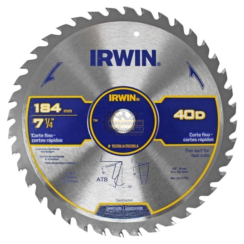IRWIN - Disco Sierra Circular Para Madera 7 1/4'' 40 Dientes 15230LA Irwin