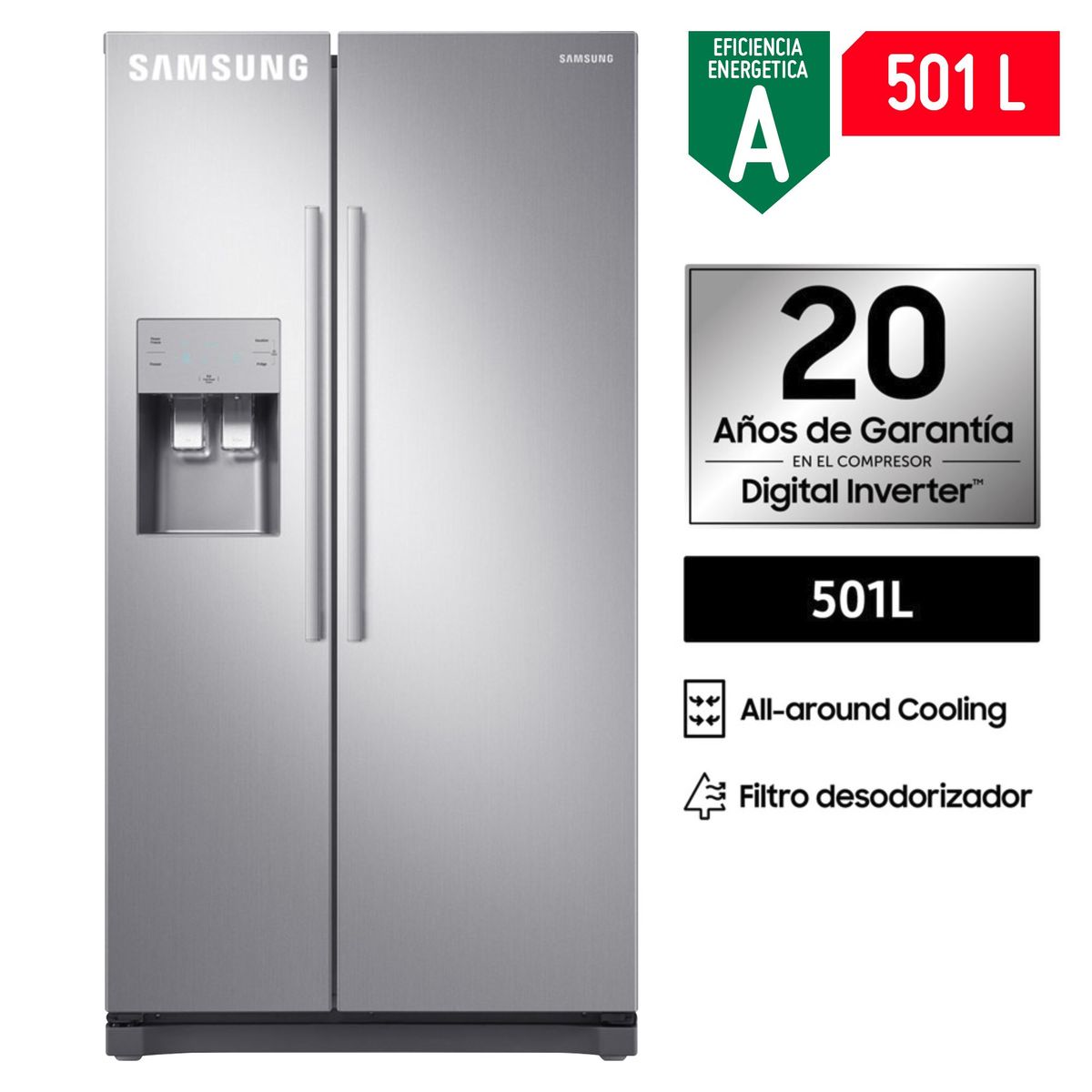 SAMSUNG - Refrigeradora Samsung 501 Lt Side by Side RS50N3503S8 Inox