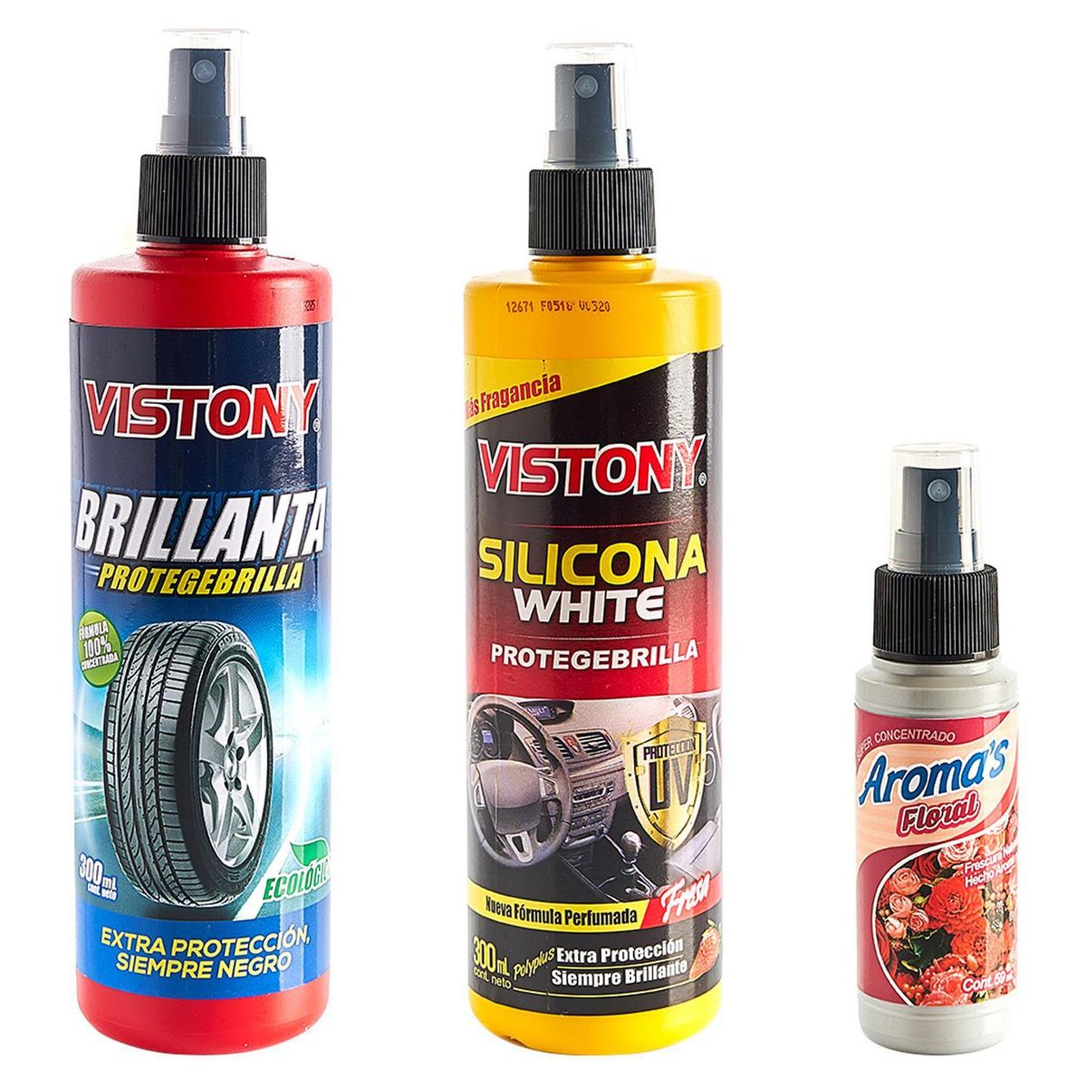 VISTONY - Kit de Limpieza para Auto Vistony Silicona White 300 ml + Brillanta 300 ml + Aromatizador Floral 59 ml