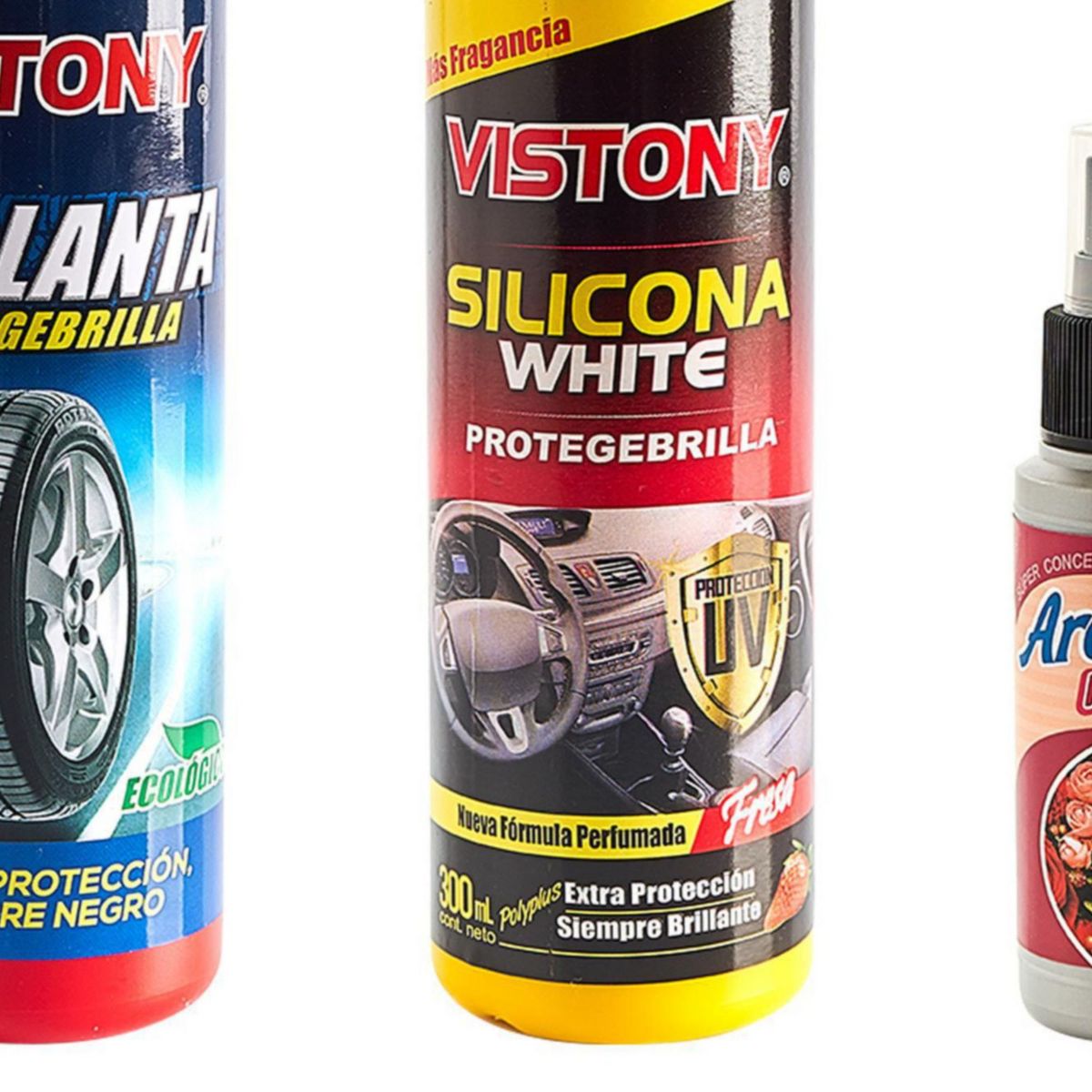 VISTONY - Kit de Limpieza para Auto Vistony Silicona White 300 ml + Brillanta 300 ml + Aromatizador Floral 59 ml