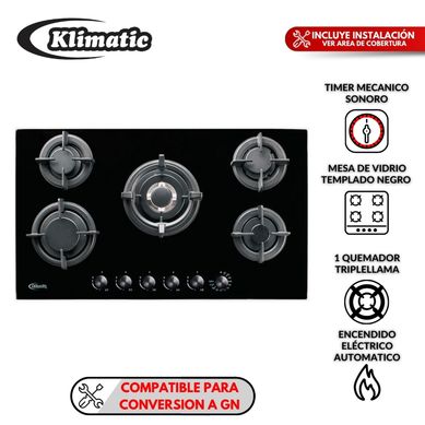 Cocina Empotrable Klimatic a Gas 5 Hornillas Gina Negro