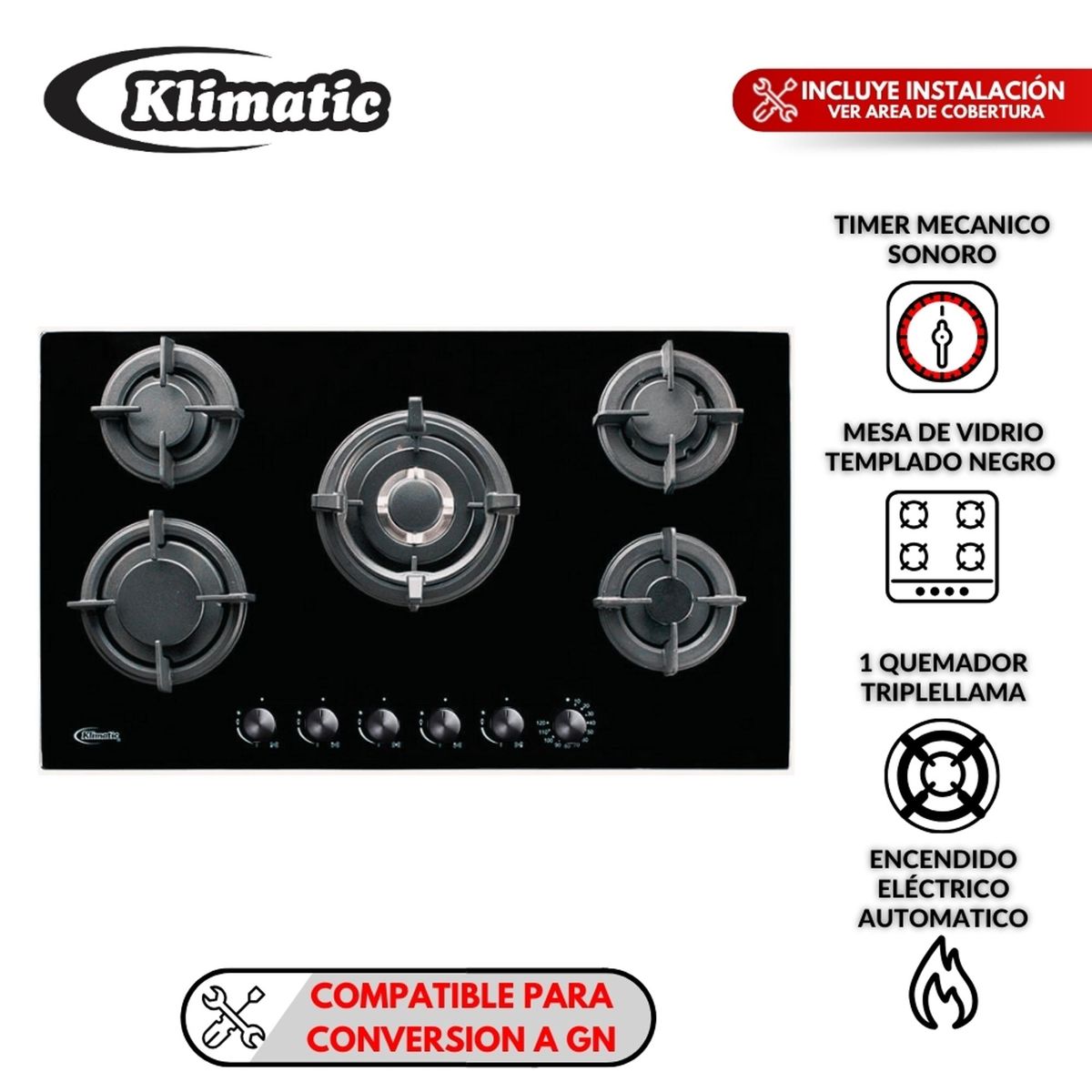 KLIMATIC - Cocina empotrable Gas Klimatic Gina X5 Quemadores