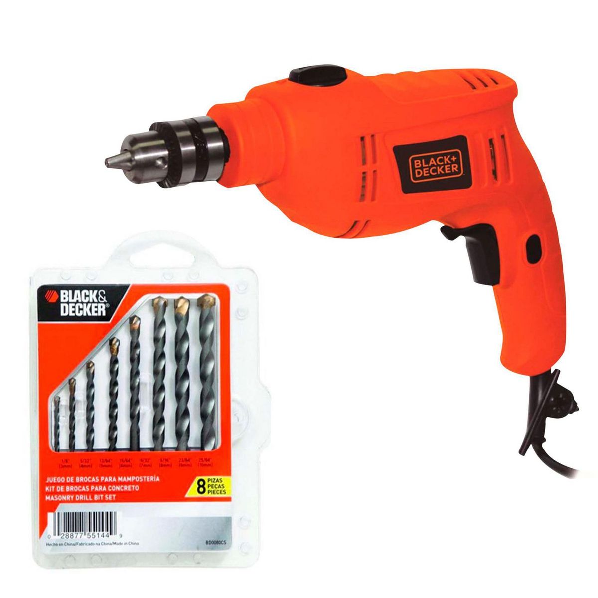 BLACK+DECKER - Taladro Percutor Eléctrico Black+Decker 3/8" 550W + 8 accesorios