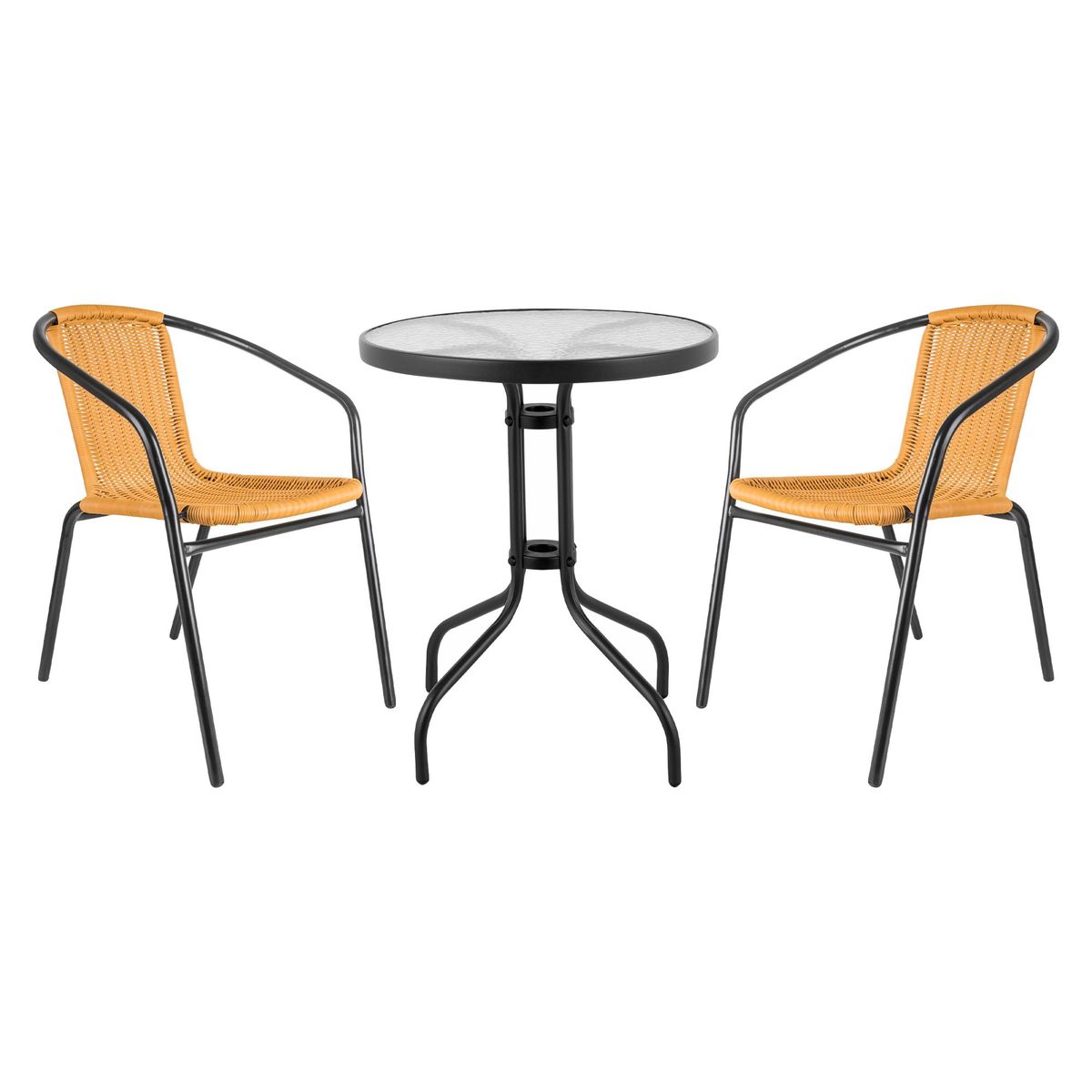 JUST HOME COLLECTION - Juego de Balcón Mesa Redonda con Vidrio 60cm  + 02 Sillas Ratán