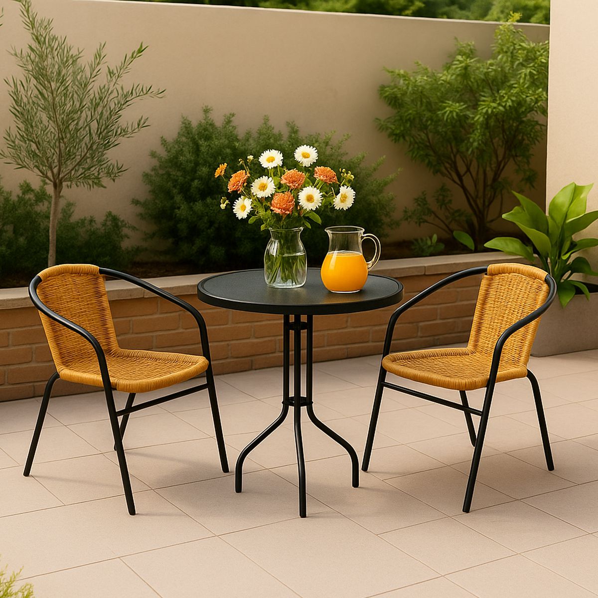 JUST HOME COLLECTION - Juego de Balcón Mesa Redonda con Vidrio 60cm  + 02 Sillas Ratán