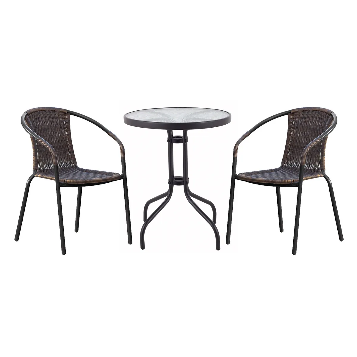 JUST HOME COLLECTION - Juego de Balcón Mesa Redonda con Vidrio 60cm  + 02 Sillas de Ratán