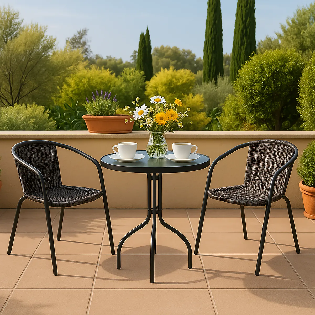 JUST HOME COLLECTION - Juego de Balcón Mesa Redonda con Vidrio 60cm  + 02 Sillas de Ratán