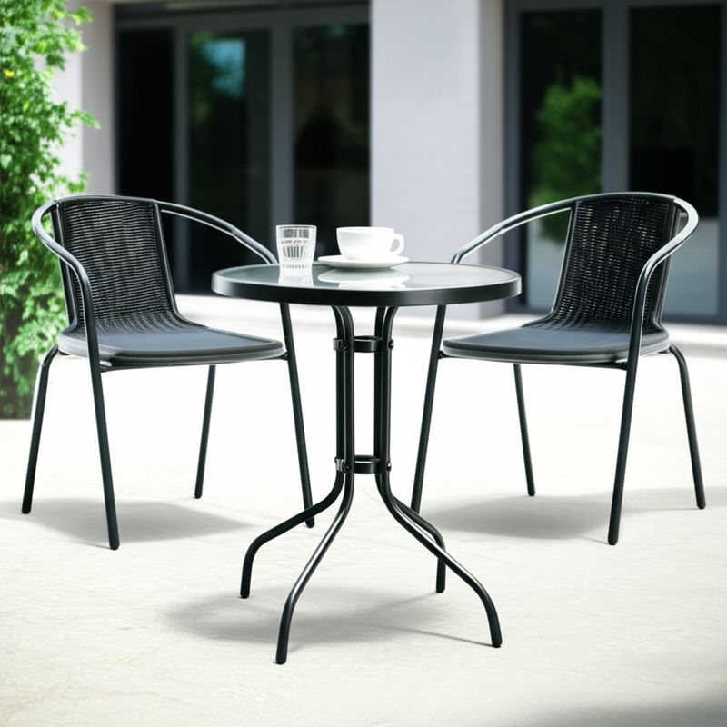 JUST HOME COLLECTION - Mesa de Terraza Metal con Vidrio Redonda Negro 60 CM + 2 Sillas para Terraza Look Ratan Negro 73x54x61 cm