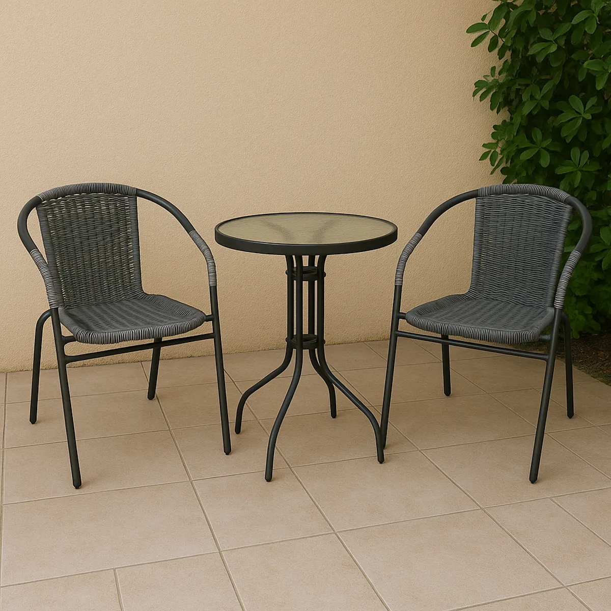 JUST HOME COLLECTION - Juego de Balcón - Mesa de vidrio Redonda 60 CM + 2 Sillas Ratan