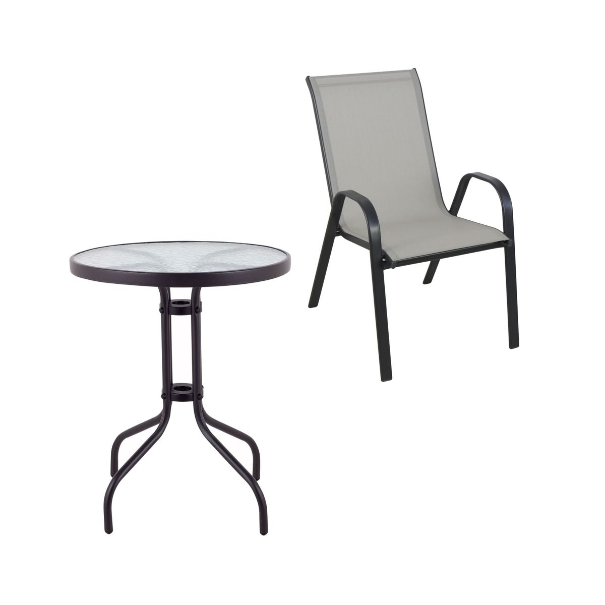 JUST HOME COLLECTION - Juego de comedor mesa de metal con midrio  60 CM + 2 sillas de metal sling crudo