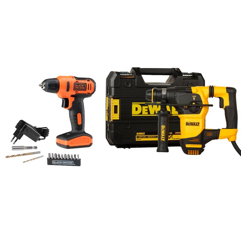  - Rotomartillo SDS Plus 950W D25333K Dewalt + Taladro Atornillador Inalámbrico 3/8" 12V + Batería + Cargador Black+Decker