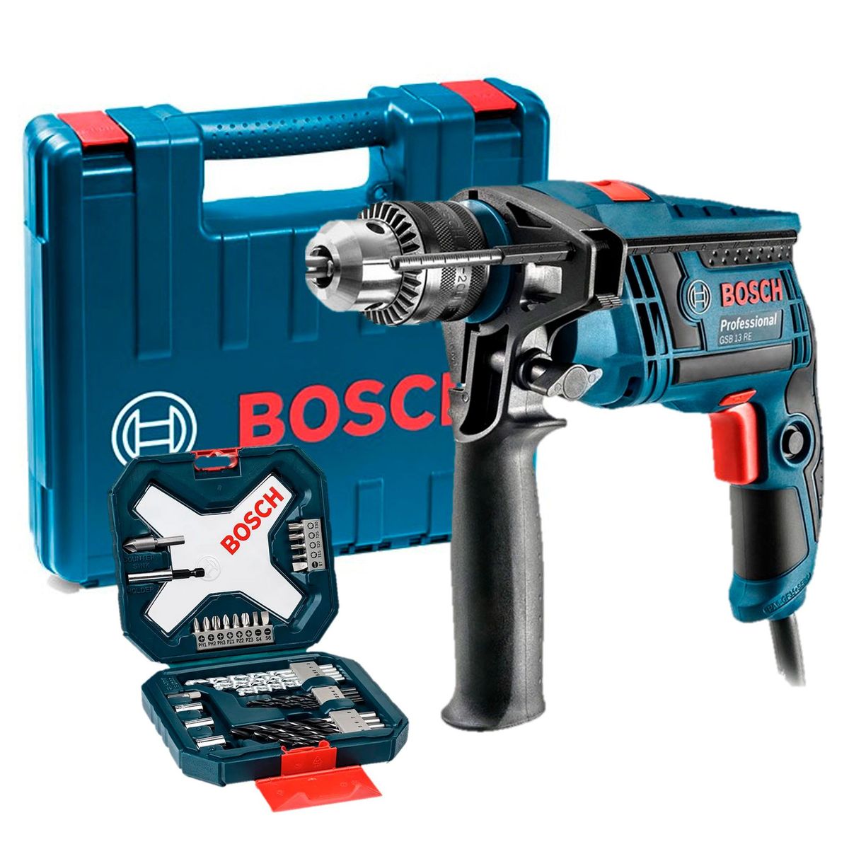 BOSCH - Taladro Percutor Bosch GSB 13 RE 750W 220V con Maletín + Set de 34 Piezas