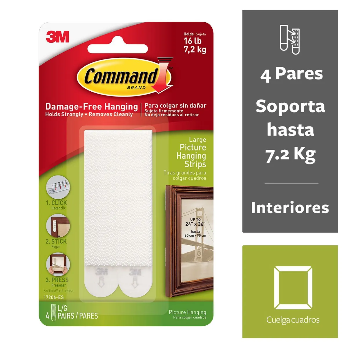 COMMAND - Tiras Command 3M Grandes para Colgar Cuadros Blancas x 4 unid.