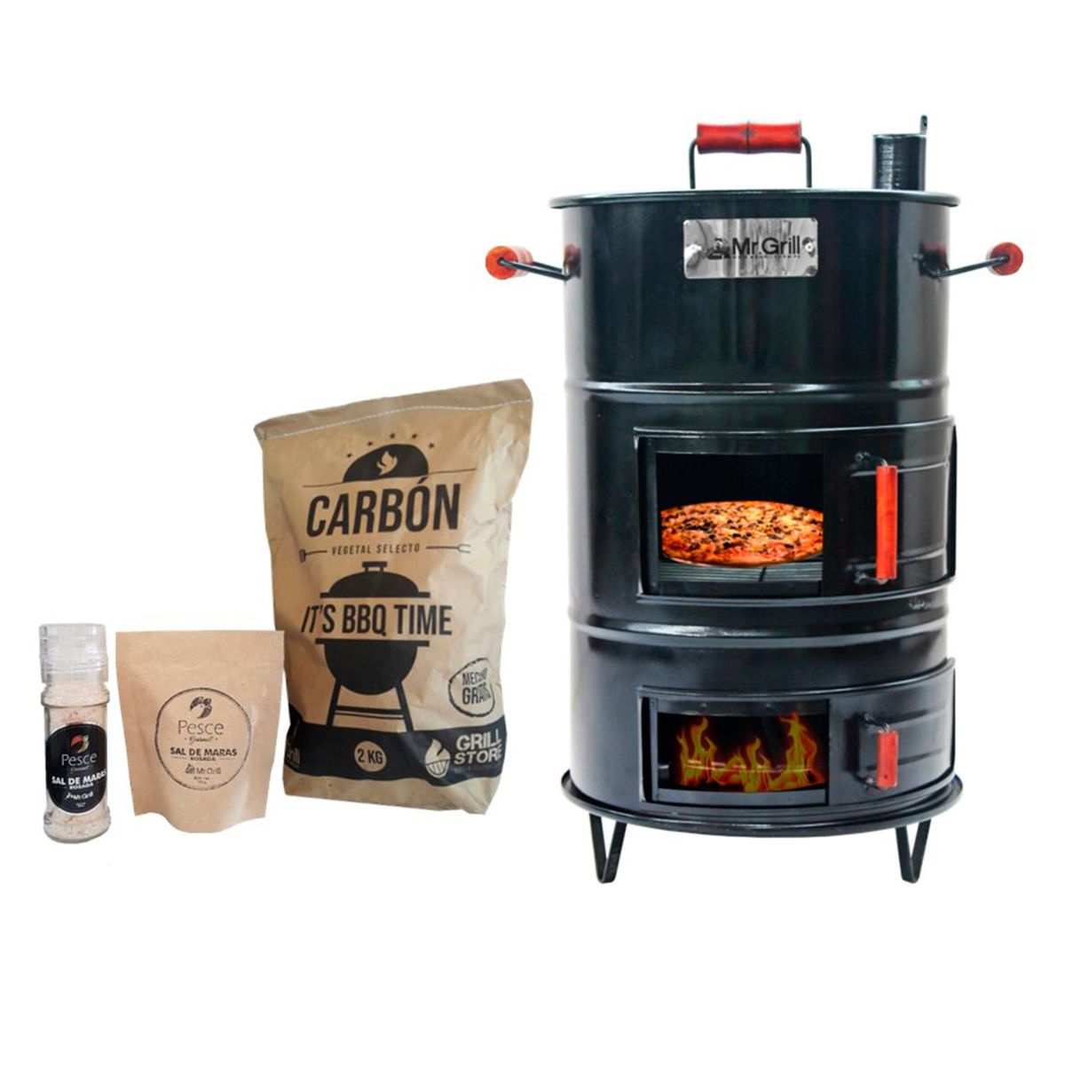 MR GRILL - Combo Cilindro Chico de Fierro + Carbon + Sal de Maras