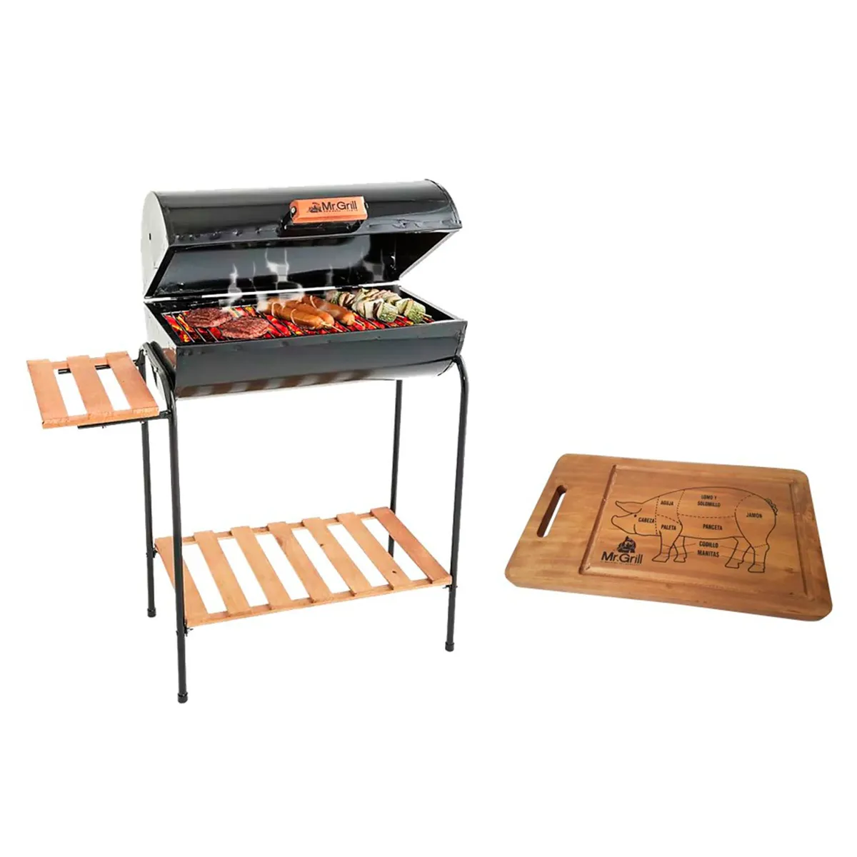 MR GRILL - Combo Parrilla Cilíndrica con tapa Mediana 55x83x30cm + Tabla de Picar