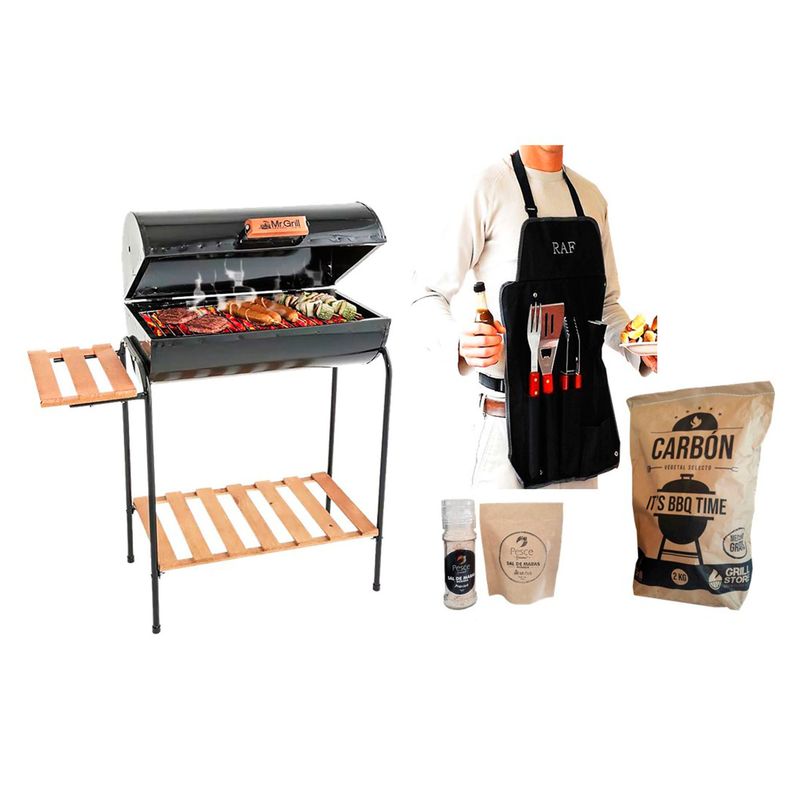 MR GRILL - Parrilla Cilíndrica Mr Grill 35x77x86 cm con Tapa Mediana + Carbón + BBQ x3 + Sal de maras