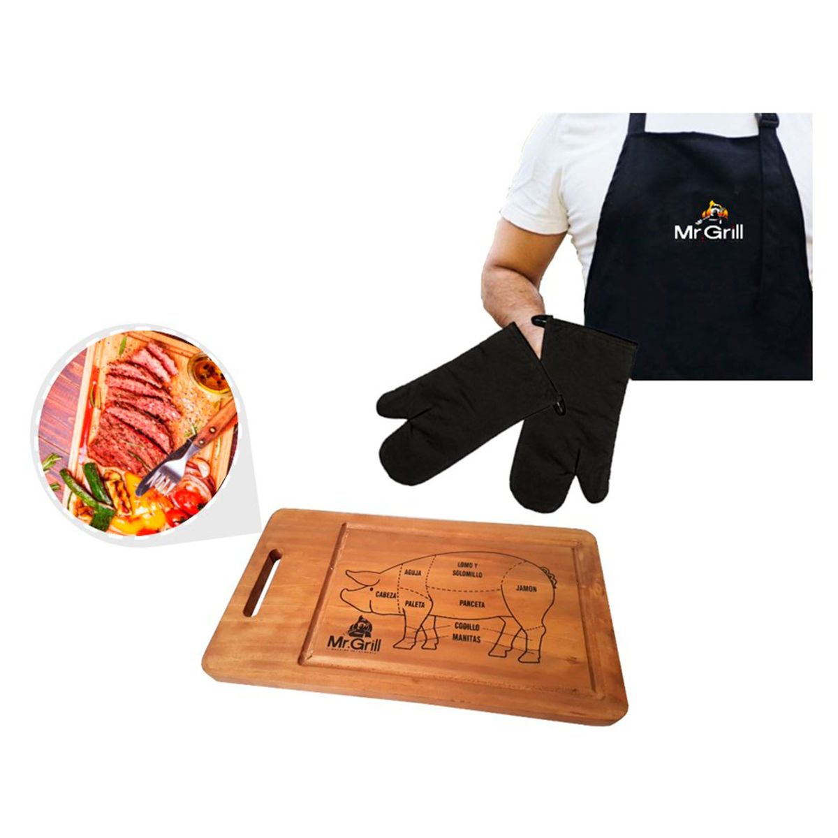 MR GRILL - Combo Tabla Parrillera + Mandil y Guantes