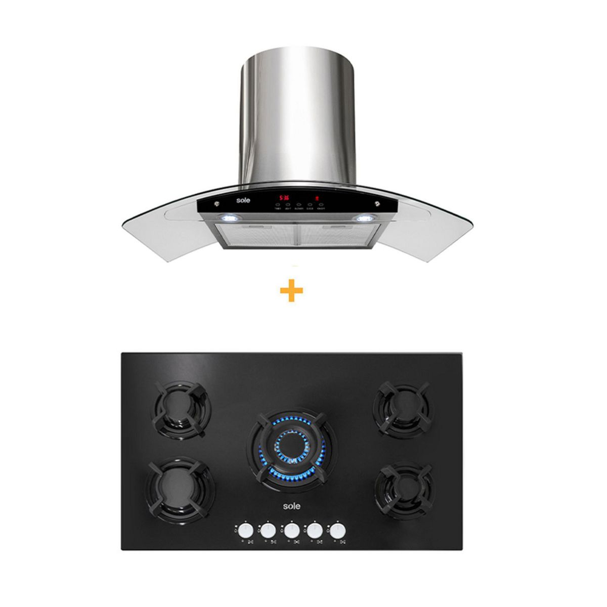 SOLE - Combo Encimera Empotrable A Gas 5 Hornillas SOLCO033 + Campana Decorativa 90cm TURE63CO Sole