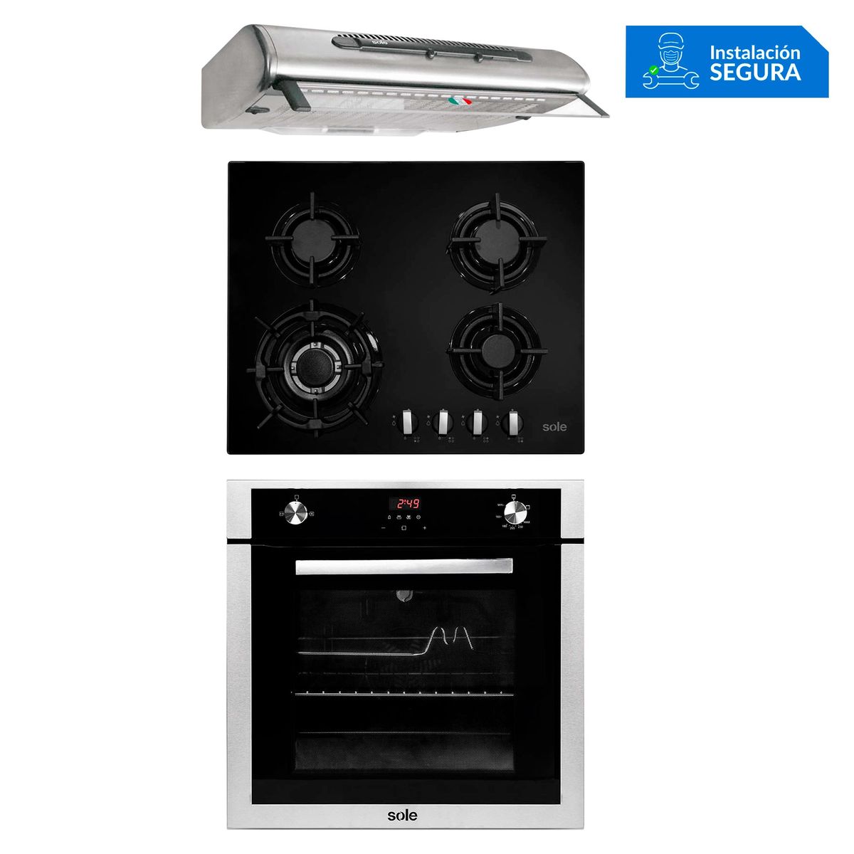 SOLE - Tricombo Sole Cocina Empotrable 4 Hornillas SOLCO034 + Campana Lineal 60cm TURE48CO + Horno a Gas 70 LtSOLHO007