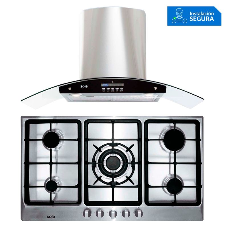 SOLE - Combo Sole Cocina Empotrable 5 Hornillas SOLCO038 + Campana Decorativa 90cm TURE63CO