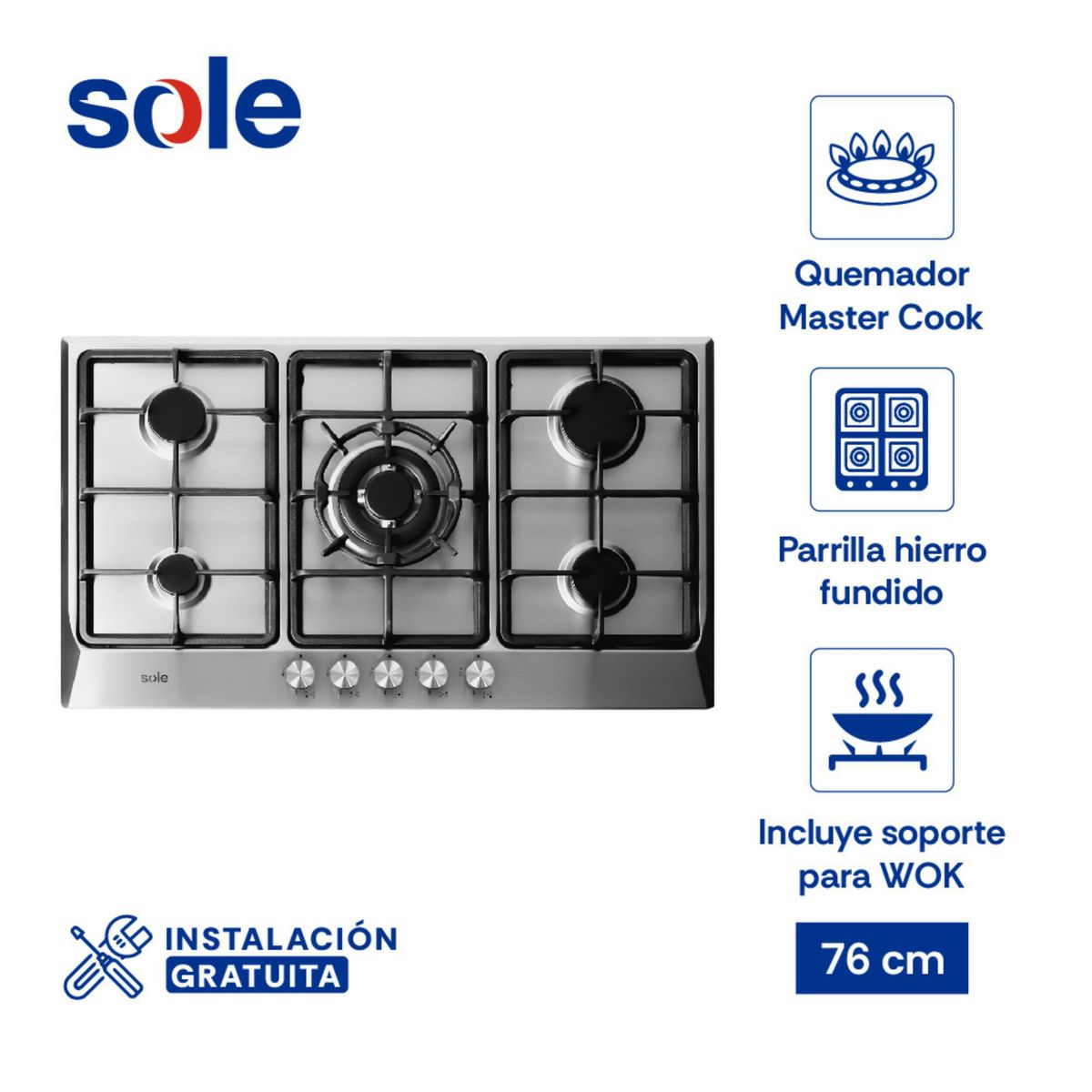 SOLE - Combo Encimera Empotrable A Gas 5 Hornillas SOLCO038 + Campana Decorativa 90cm TURE63CO Sole