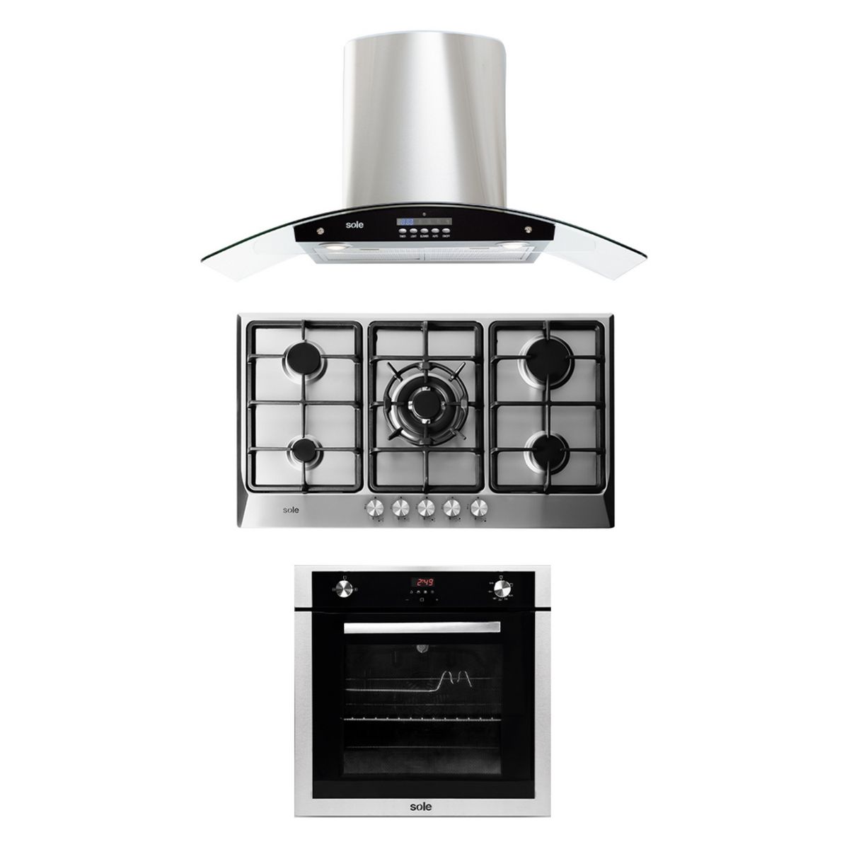 SOLE - Tricombo Sole Cocina Empotrable 5 Hornillas SOLCO038 + Campana Decorativa 90cm TURE63CO + Horno a Gas 70 Lt SOLHO007