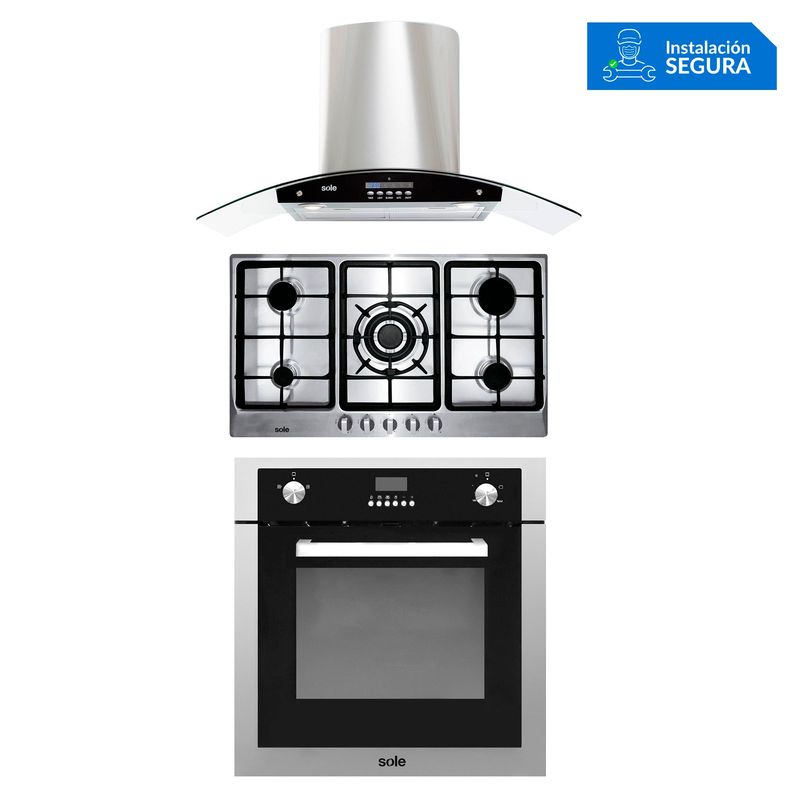 SOLE - Tricombo Sole Cocina Empotrable 5 Hornillas SOLCO038 + Campana Decorativa 90cm TURE63CO + Horno a Gas 70 Lt SOLHO007