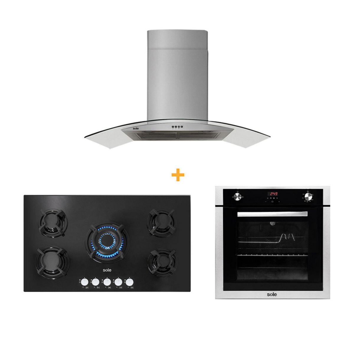 SOLE - Tricombo Sole Cocina Empotrable 5 Hornillas SOLCO033 + Campana Decorativa 90cm TURE66CO + Horno a Gas 70 Lt SOLHO007