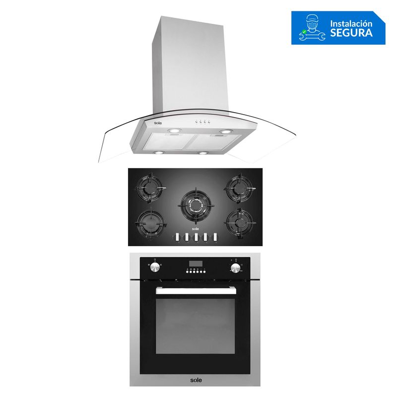 SOLE - Tricombo Sole Cocina Empotrable 5 Hornillas SOLCO033 + Campana Decorativa 90cm TURE66CO + Horno a Gas 70 Lt SOLHO007