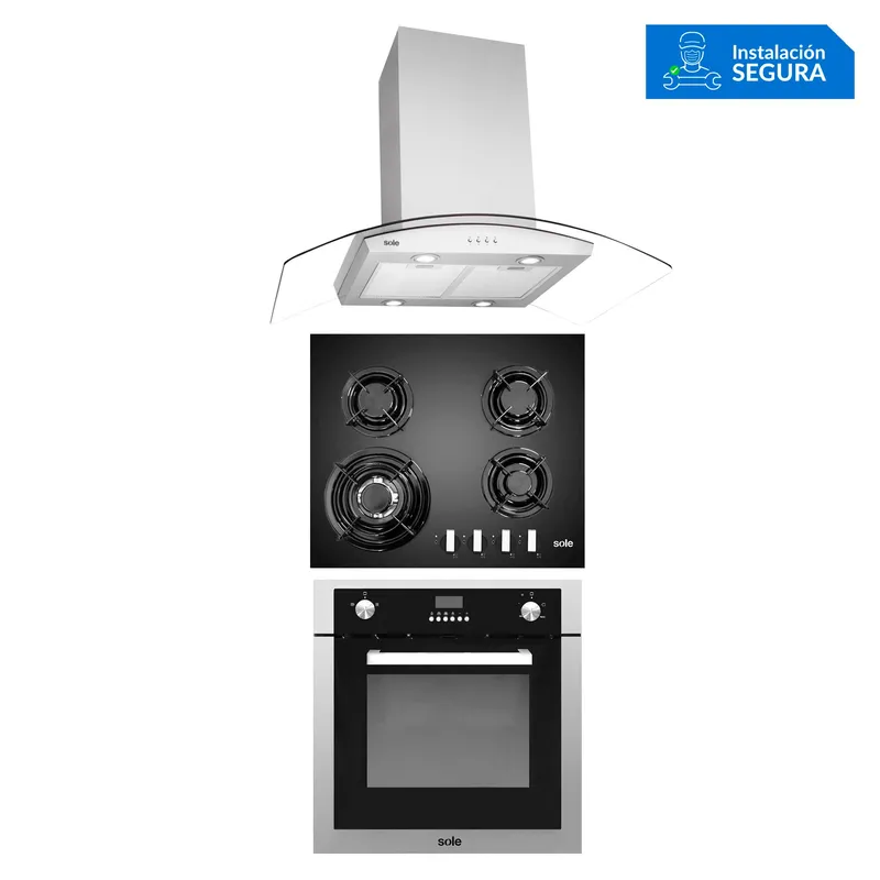 SOLE - Combo Cocina a Gas SOLCO034 + Campana Extractora TURE66CO + Horno a Gas SOLHO007