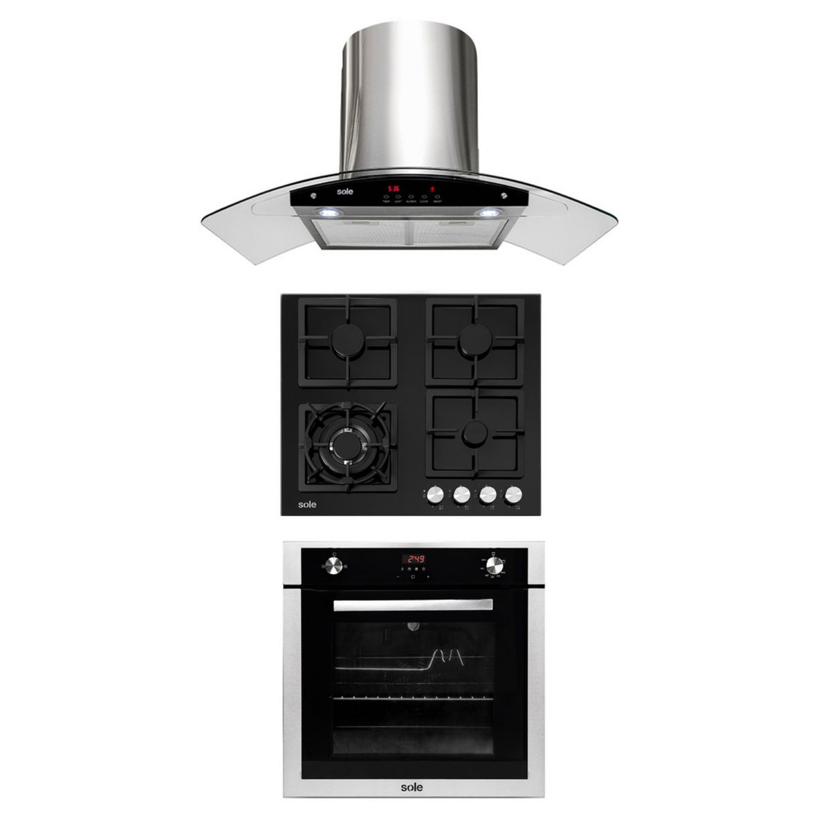 SOLE - Tricombo Encime Empotrable 4 A Gas Hornillas SOLCO040 + Campana Decorativa 90cm TURE63CO + Horno Empotrable A Gas 70L SOLHO007 Sole