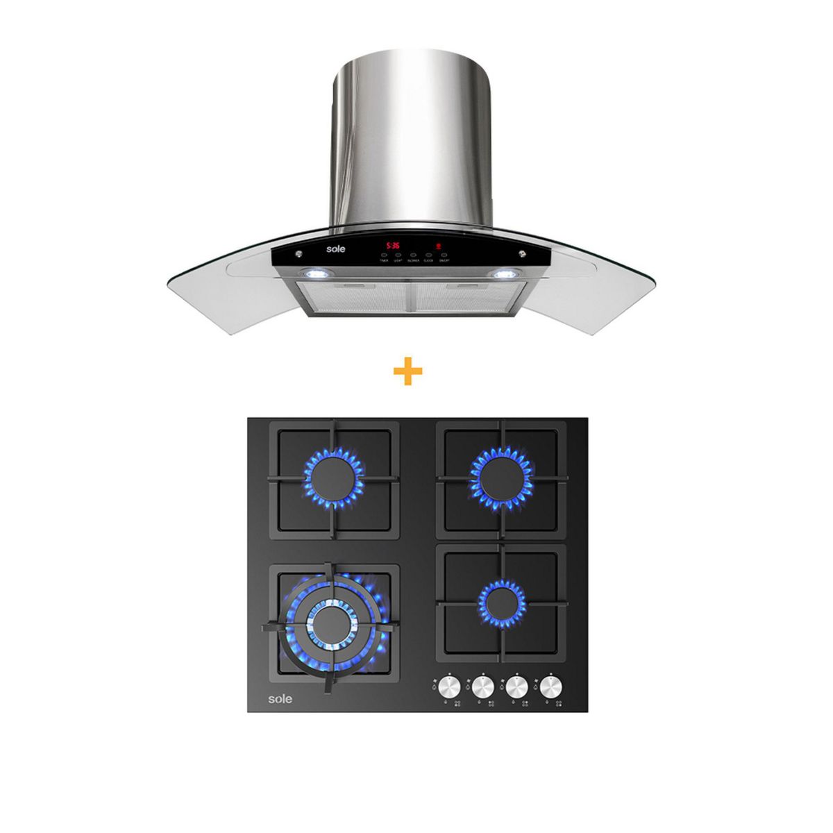 SOLE - Combo Encimera Empotrable A Gas 4 Hornillas SOLCO040 + Campana Decorativa 90cm TURE63CO Sole