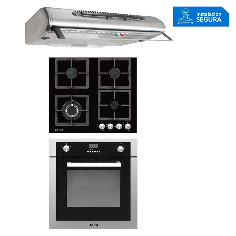 SOLE - Tricombo Sole Cocina Empotrable 4 Hornillas SOLCO040 + Campana Lineal 60cm TURE48CO + Horno a Gas 70 Lt SOLHO007