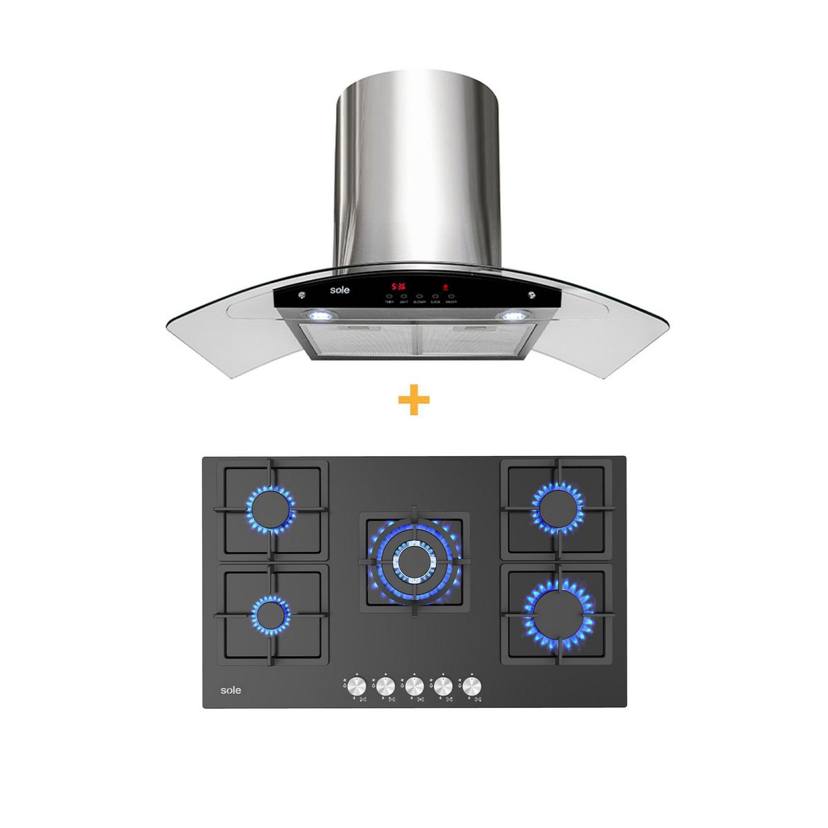 SOLE - Combo Encimera Empotrable A Gas 5 Hornillas SOLCO041 + Campana Decorativa 90cm TURE63CO Sole