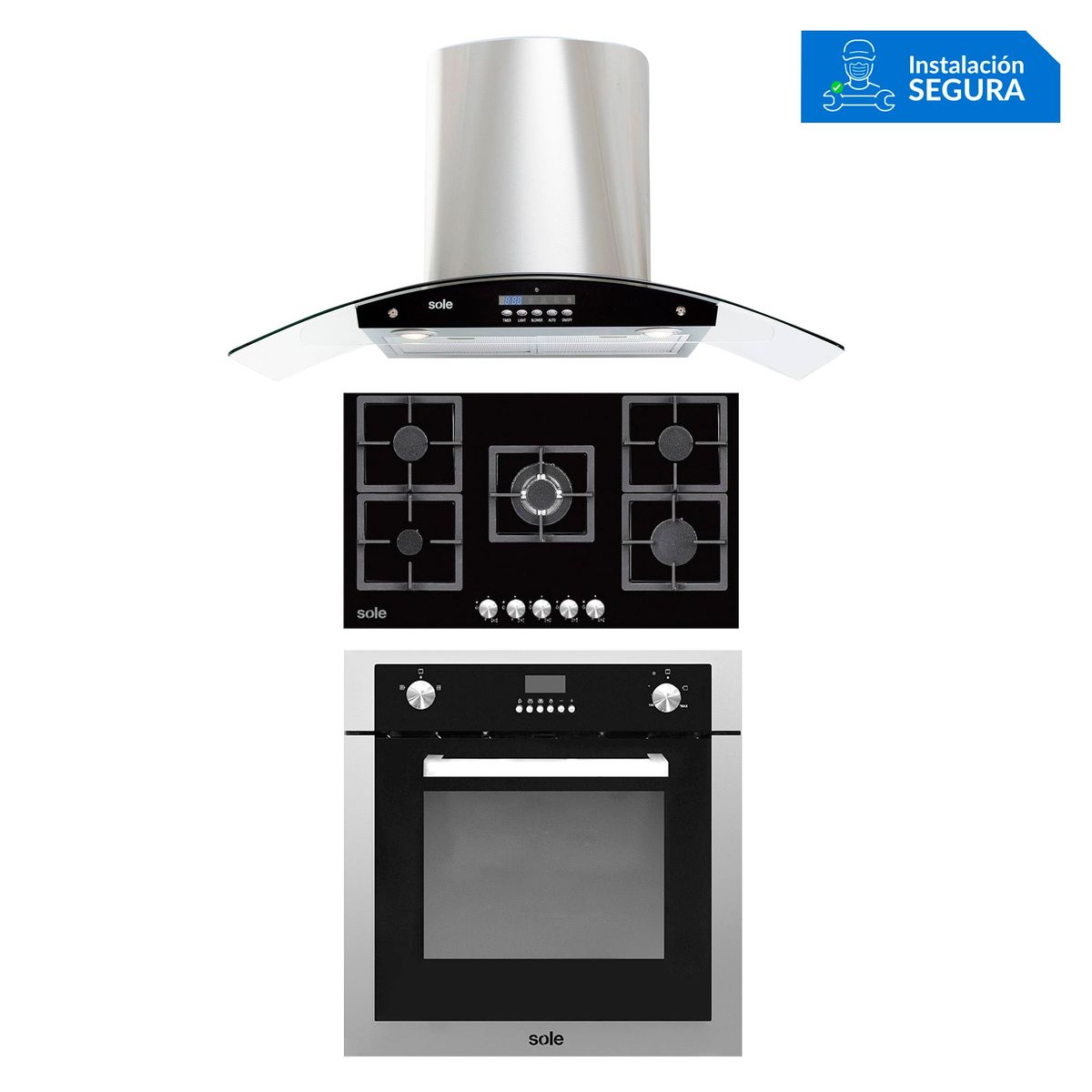 SOLE - Tricombo Encimera Empotrable 5 Hornillas A Gas SOLCO041 + Campana Decorativa 90cm TURE63CO + Horno Empotrable A Gas 70L SOLHO007 Sole