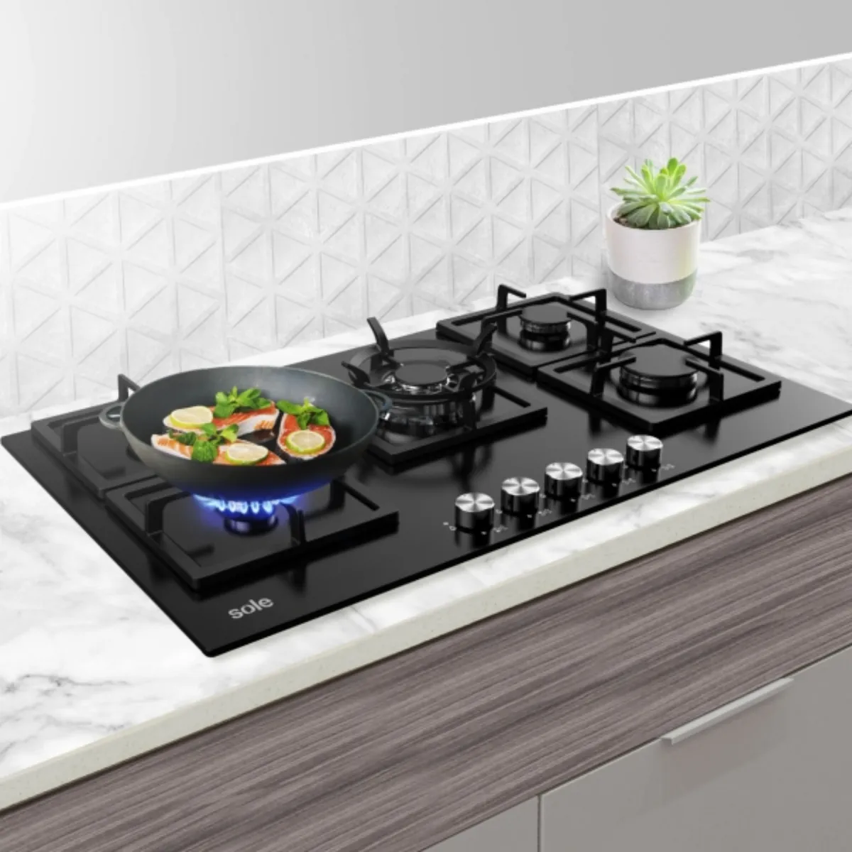 SOLE - Tricombo Encimera Empotrable 5 Hornillas A Gas SOLCO041 + Campana Decorativa 90cm TURE63CO + Horno Empotrable A Gas 70L SOLHO007 Sole