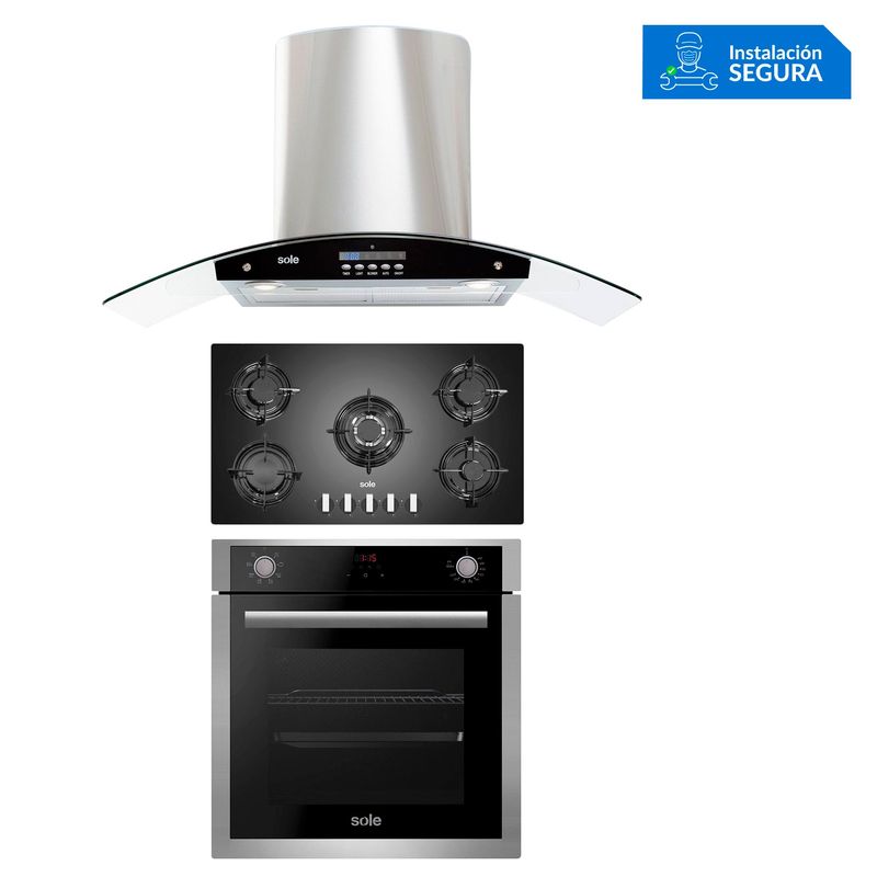 SOLE - Tricombo Sole Cocina Empotrable 5 Hornillas SOLCO033 + Campana Decorativa 90cm TURE63CO + Horno Eléctrico 73 Lt SOLHO012