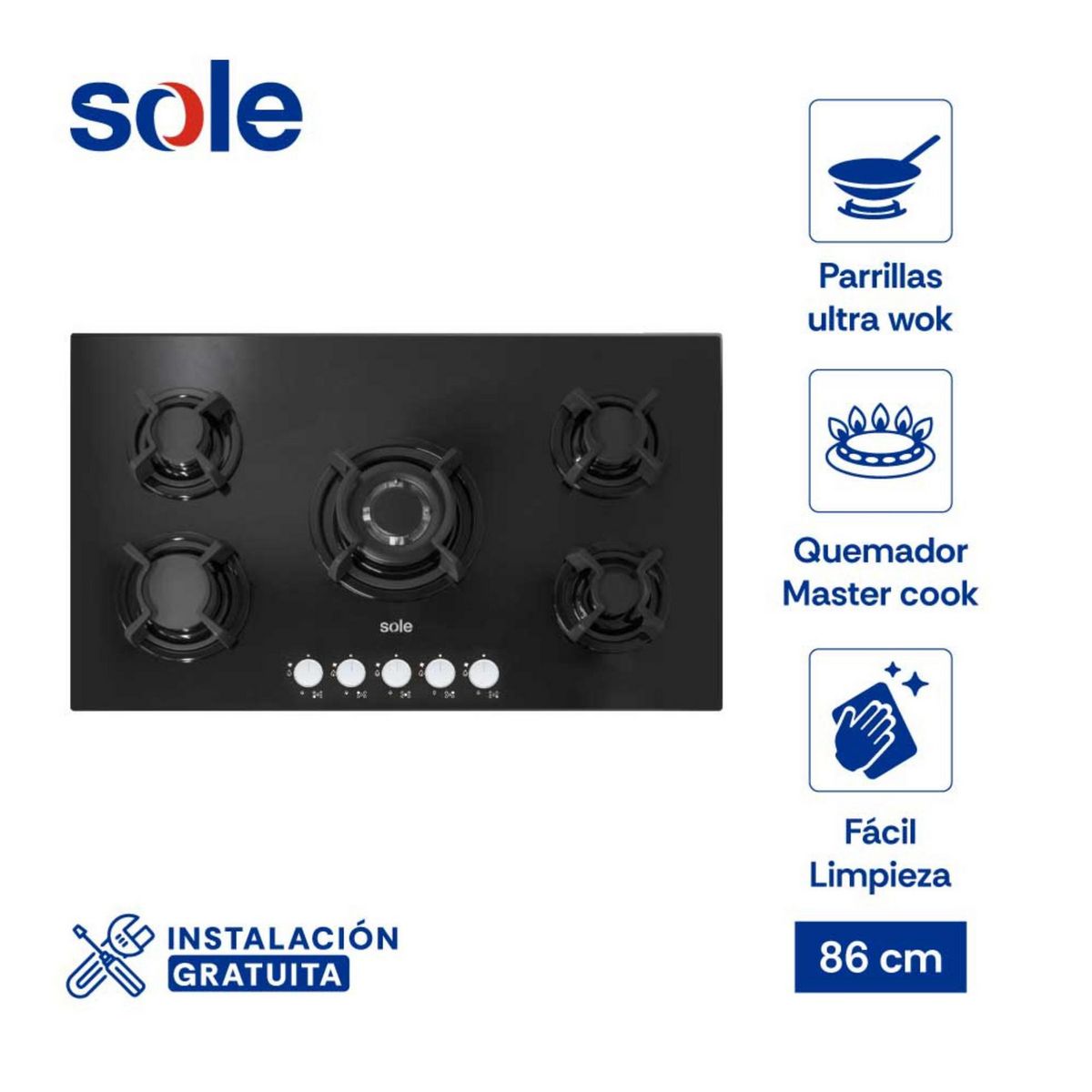 SOLE - Tricombo Encimera Empotrable A Gas 5 Hornillas SOLCO033 + Campana Decorativa 90cm TURE63CO + Horno Empotrable Eléctrico 73L SOLHO012 Sole
