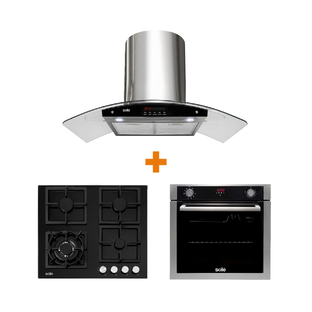 SOLE - Tricombo Sole Cocina Empotrable 4 Hornillas SOLCO040 + Campana Decorativa 90cm TURE63CO + Horno Eléctrico 73 Lt SOLHO012