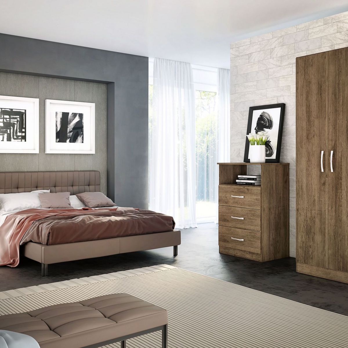 GENIALFLEX - Ropero 2 puertas + Cómoda 3 cajones + Velador