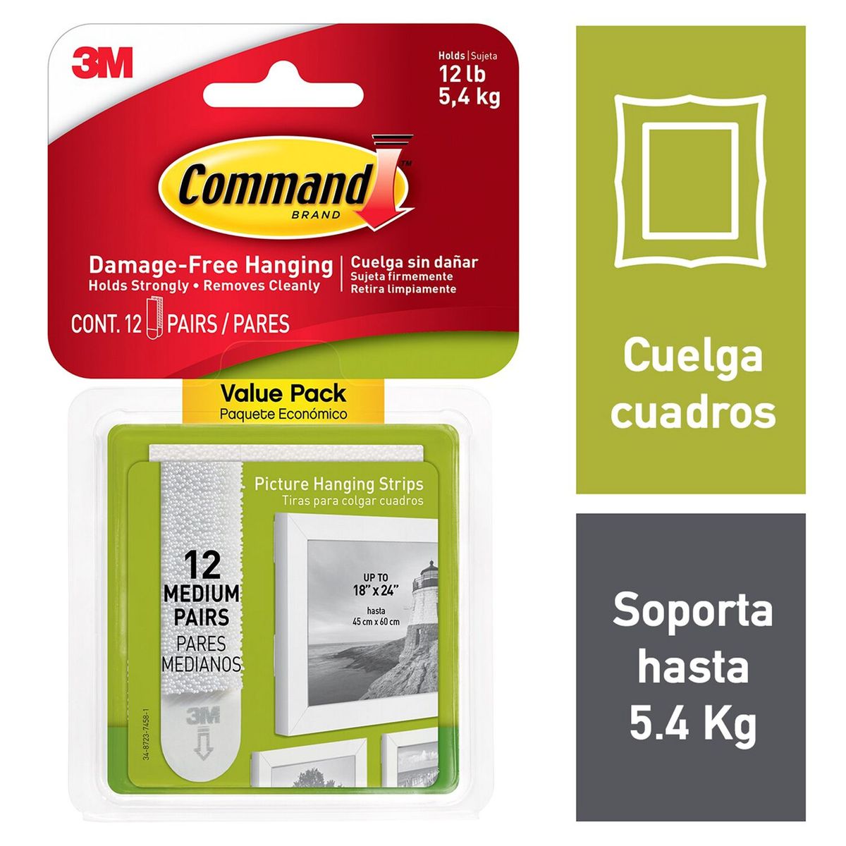 3M - Tiras Command 3M para Colgar Cuadros Medianas Blancas x 12 pares